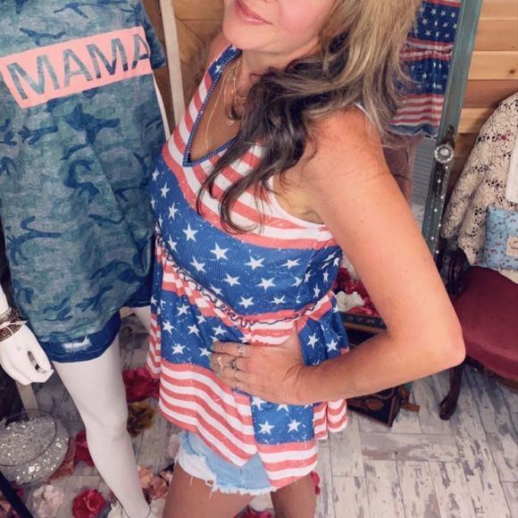 Stars and Stripes Waffle Knit Sleeveless Peplum Top V-neck 💗 - Picture 7 of 7